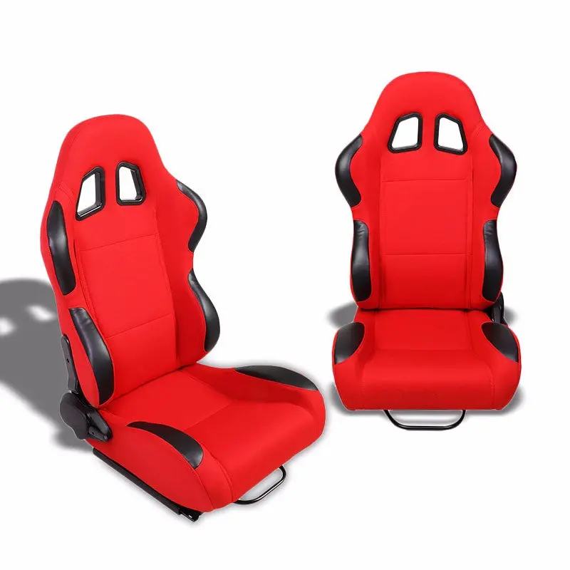 Pair Red/Black Side Reclinable Woven Fabric Type-R Style Racing Seats W/Sliders 1