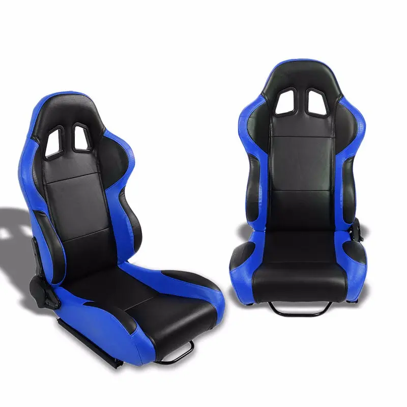 Pair Black/Blue Side Reclinable Pvc Leather Type-R Style Racing Seats W/Sliders 1
