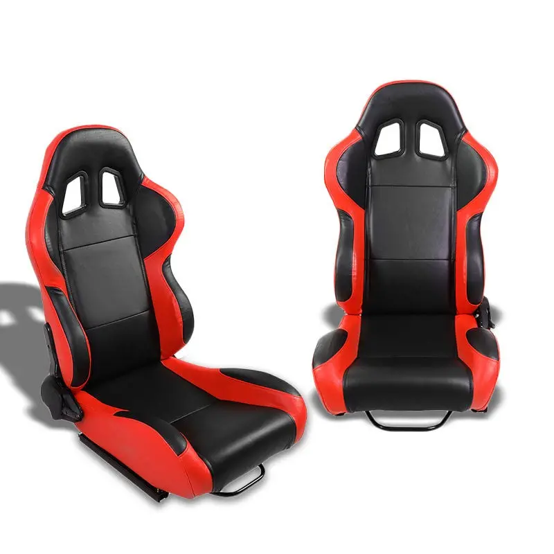 Pair Black/Red Side Reclinable Pvc Leather Type-R Style Racing Seats W/Sliders 1