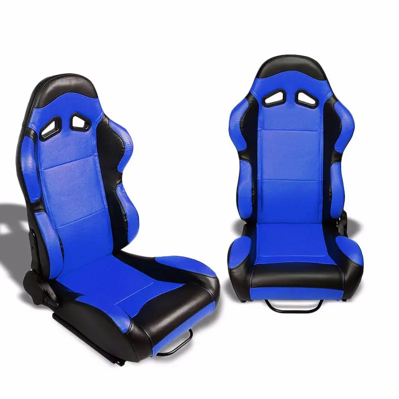 Pair Blue Center/Black Side Reclinable Pvc Leather Sport Racing Seats W/Sliders 1