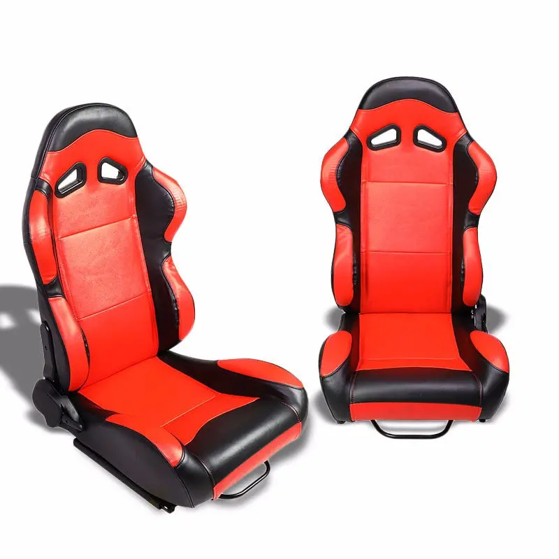 Pair Red Center/Black Side Reclinable Pvc Leather Sport Racing Seats W/Sliders 1