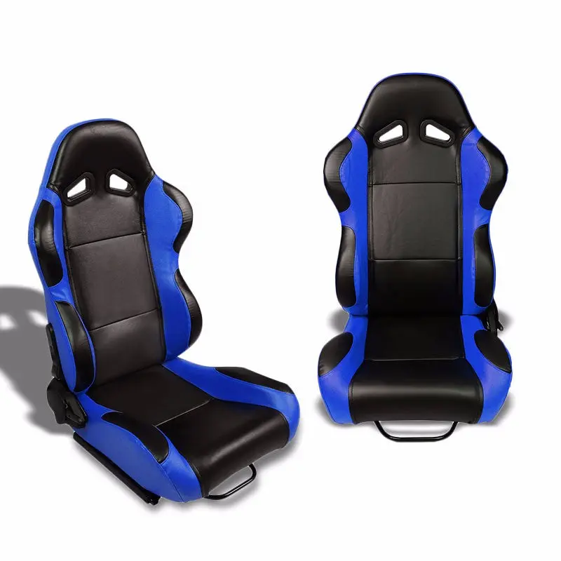 Pair Black Center/Blue Reclinable Pvc Leather Type-R Style Racing Seats W/Sliders 1