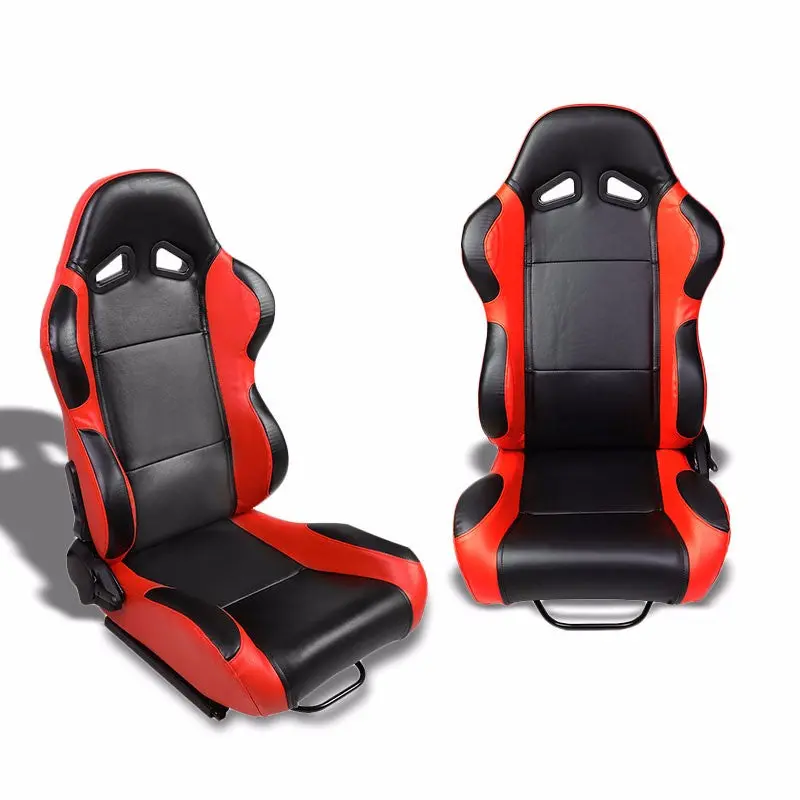 Pair Black Center/Red Reclinable Pvc Leather Type-R Style Racing Seats W/Sliders 1