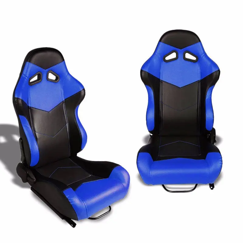 Pair Black/Blue Reclinable Pvc Leather Arrow Design Sport Racing Seats W/Sliders 1