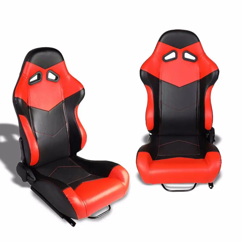 Pair Black/Red Reclinable Pvc Leather Arrow Design Sport Racing Seats W/Sliders 1