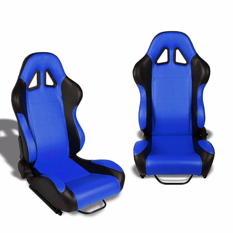 Pair Black/Blue Reclinable Pvc Leather Square Style Sport Racing Seats W/Sliders 1