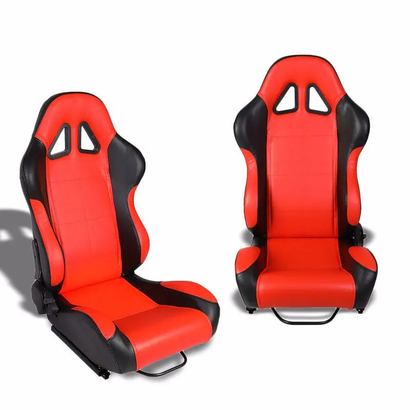 Pair Black/Red Reclinable Pvc Leather Square Style Sport Racing Seats W/Sliders 1