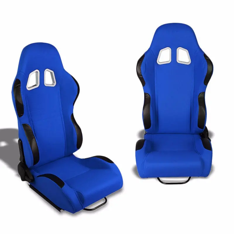 Pair Blue Center/Black Side Reclinable Cloth Type-R Sport Racing Seats W/Sliders 1