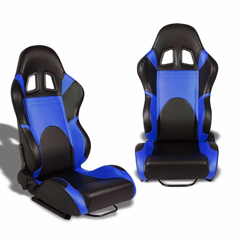 Pair Black Center/Blue Side Reclinable Leater Type-R Style Racing Seats W/Sliders 1