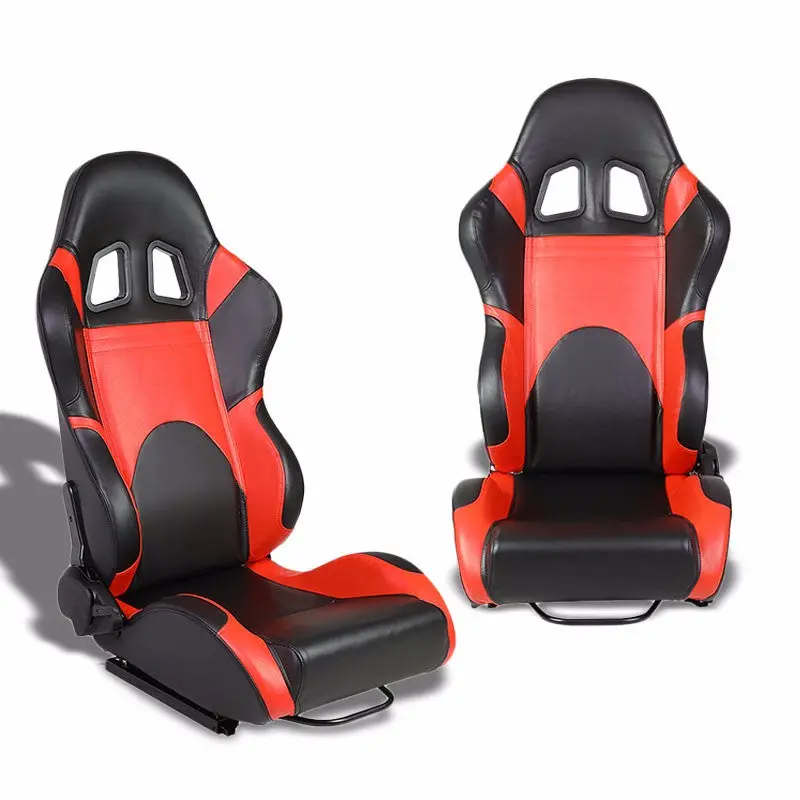 Pair Black Center/Red Side Reclinable Leater Type-R Style Racing Seats W/Sliders 1