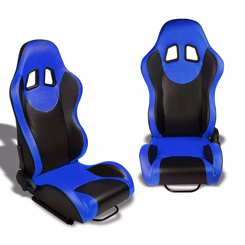 Pair Black Center/Blue Side Reclinable Leater Type-R Sport Racing Seats W/Sliders 1
