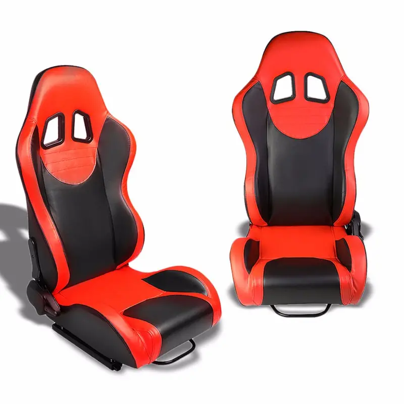 Pair Black Center/Red Side Reclinable Leater Type-R Sport Racing Seats W/Sliders 1