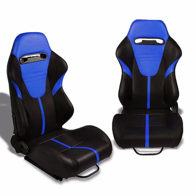 Pair Black/Blue Stripe Reclinable Pvc Leater Type-R Sport Racing Seats W/Sliders 1
