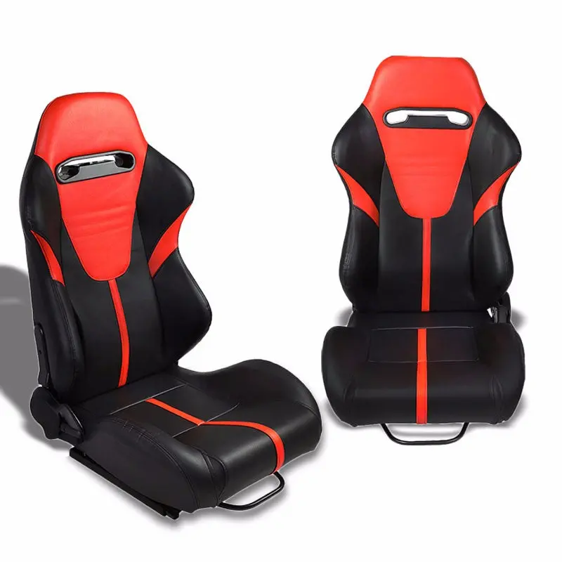 Pair Black/Red Stripe Reclinable Pvc Leater Type-R Sport Racing Seats W/Sliders 1