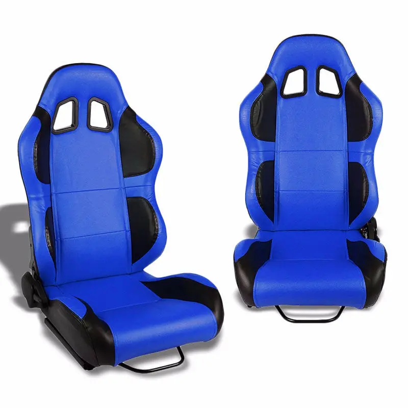 Pair Blue/Black Wing Reclinable Pvc Leather Type-R Sport Racing Seats W/Sliders 1