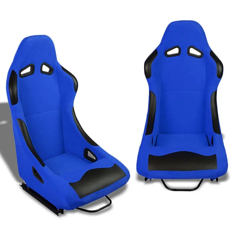Pair Blue/Black Fixed Position Bucket Fabric Type-R Style Racing Seats W/Sliders 1