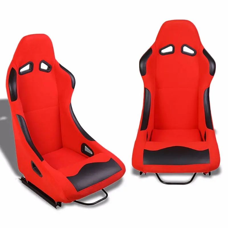 Pair Red/Black Fixed Position Bucket Fabric Type-R Style Racing Seats W/Sliders 1