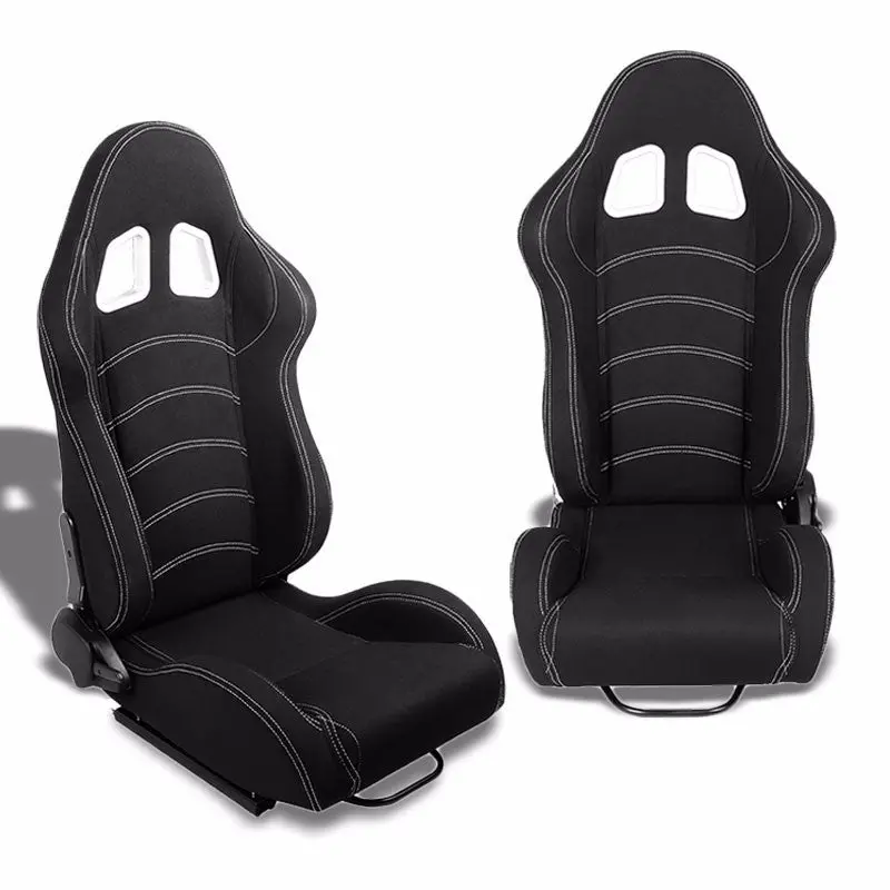 Pair Black/Double Stitch Reclinable Woven Fabric Sport Racing Seats W/Sliders 1