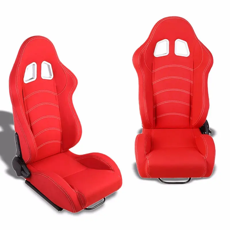 Pair Red/Double Stitch Reclinable Woven Fabric Sport Racing Seats W/Sliders 1