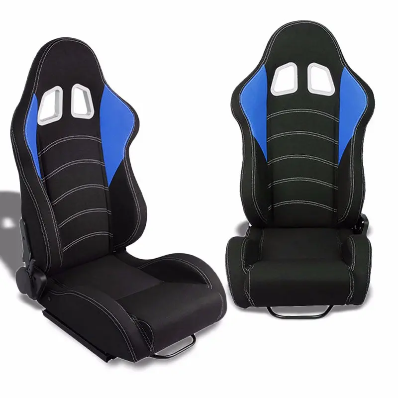 Pair Black/Blue/Double Stitch Reclinable Woven Fabric Type-R Style Racing Seats W/Sliders 1