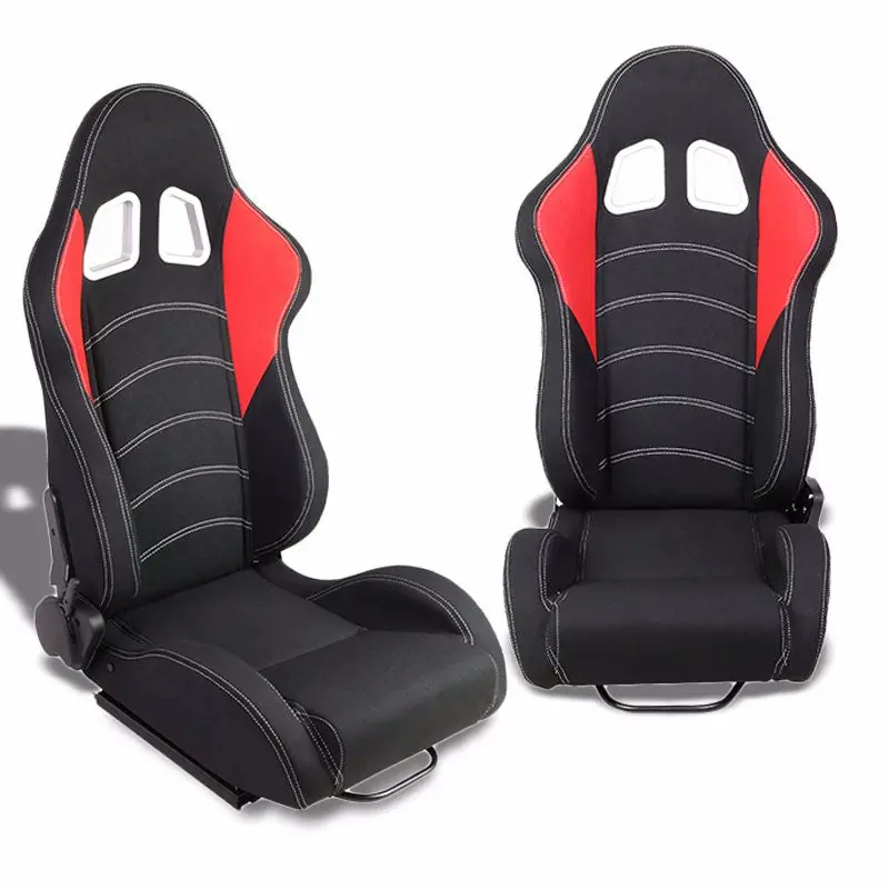 Pair Black/Red/Double Stitch Reclinable Woren Fabric Type-R Style Racing Seats W/Sliders 1