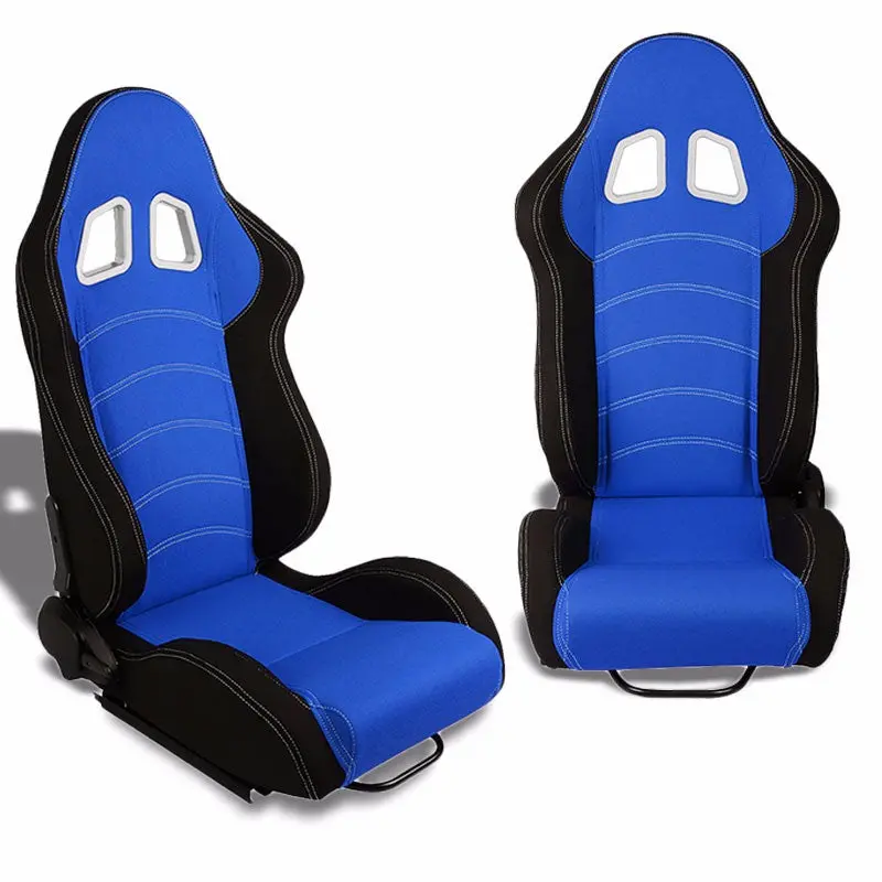 Pair Blue/Black Side Reclinable Woven Fabric Type-R Sport Racing Seats W/Sliders 1