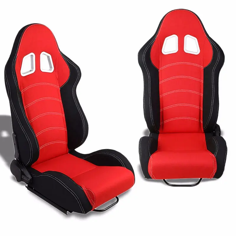 Pair Red/Black Side Reclinable Woven Fabric Type-R Sport Racing Seats W/Sliders 1