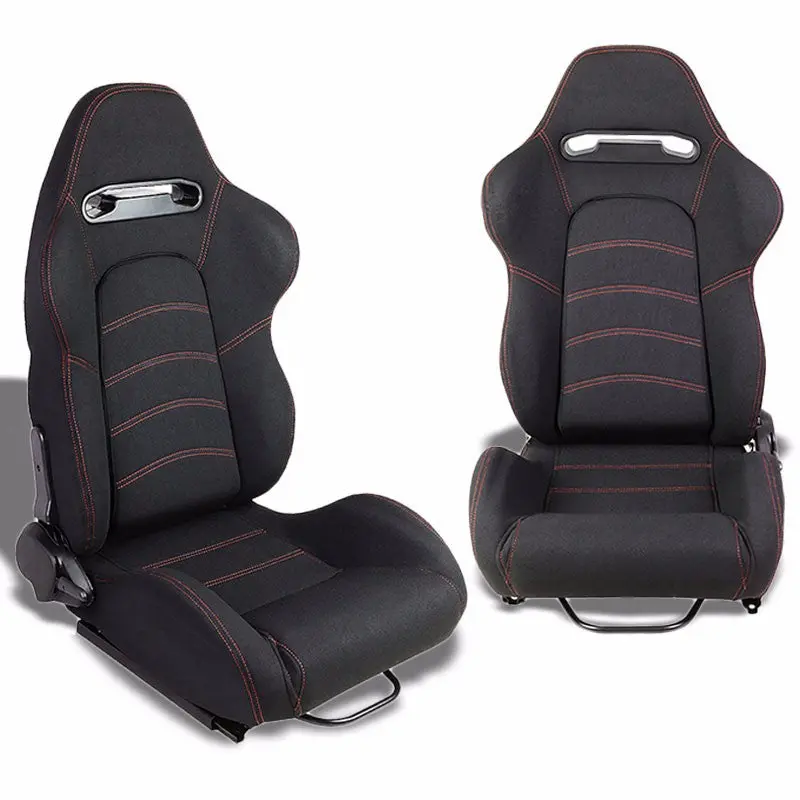 Pair Black/Double Red Stitch Reclinable Woven Cloth Type-R Style Racing Seats W/Sliders 1