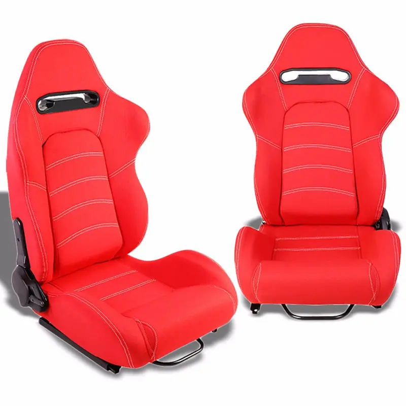 Pair Red/Double White Stitch Reclinable Woven Cloth Type-R Style Racing Seats W/Sliders 1