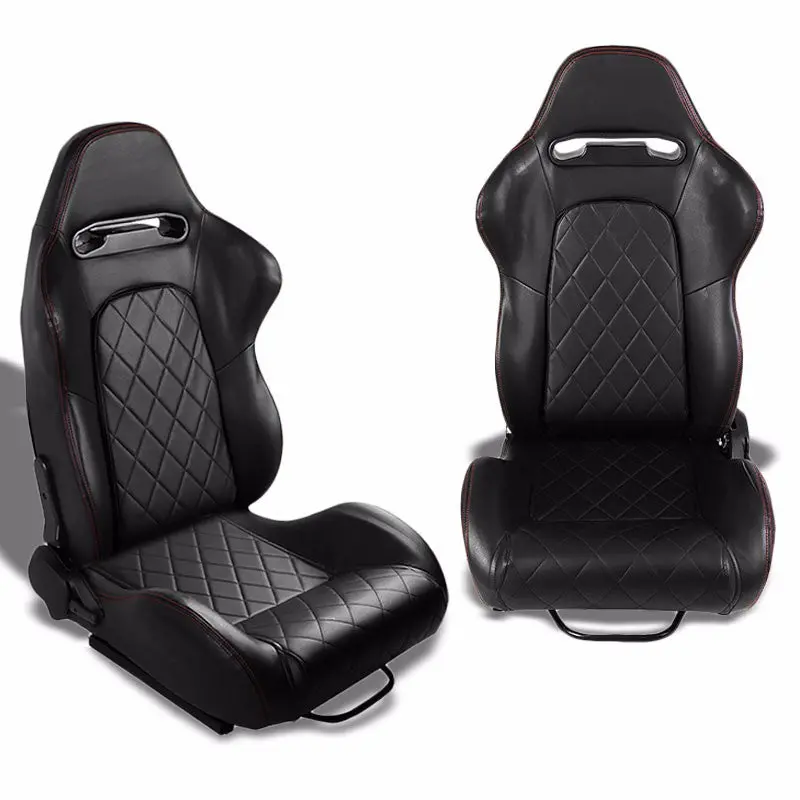 Pair Black Quited Stich Reclinable Pvc Leather Type-R Style Racing Seats W/Sliders 1