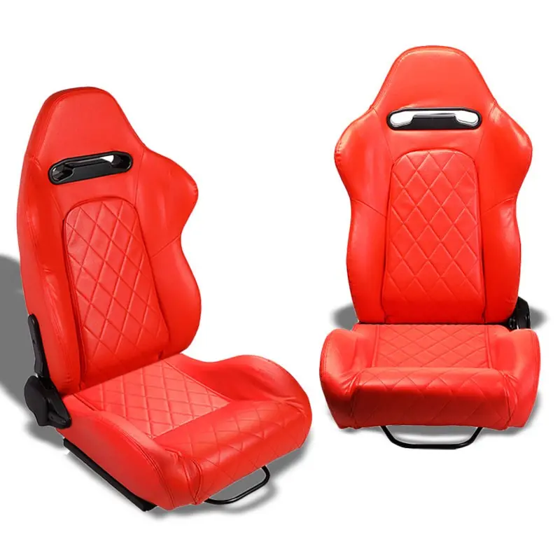 Pair Red Quited Stich Reclinable Pvc Leather Type-R Style Racing Seats W/Sliders 1