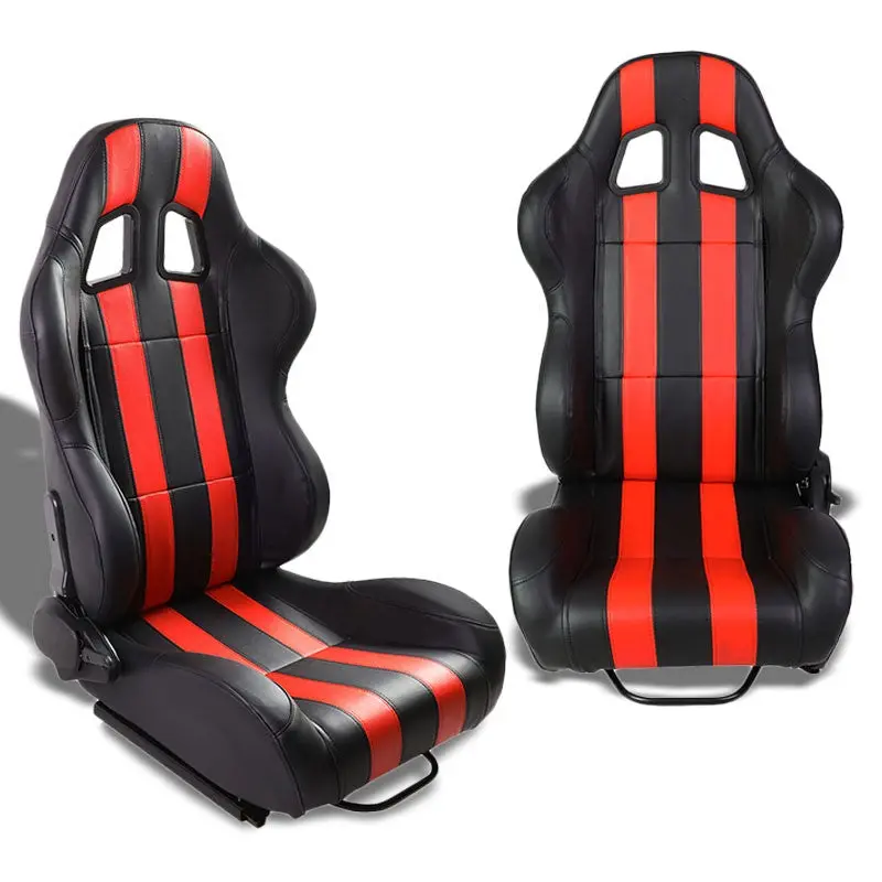 Pair Black/Red Dual Stripes Reclinable Pvc Leather Type-R Sport Racing Seats W/Sliders 1