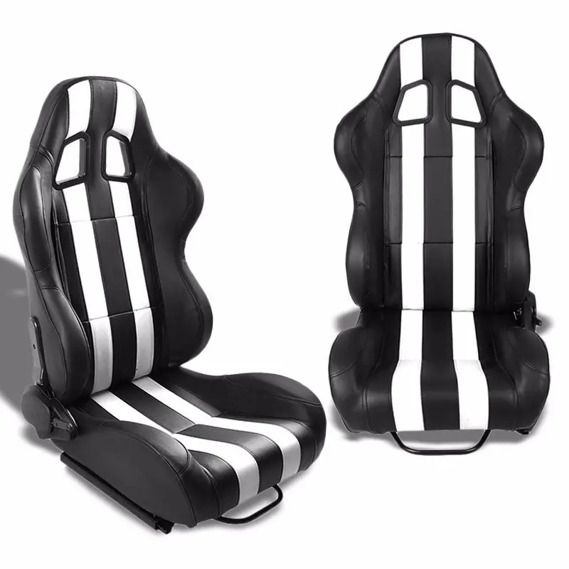 Pair Black/White Dual Stripes Reclinable Pvc Leather Type-R Sport Racing Seats W/Sliders 1