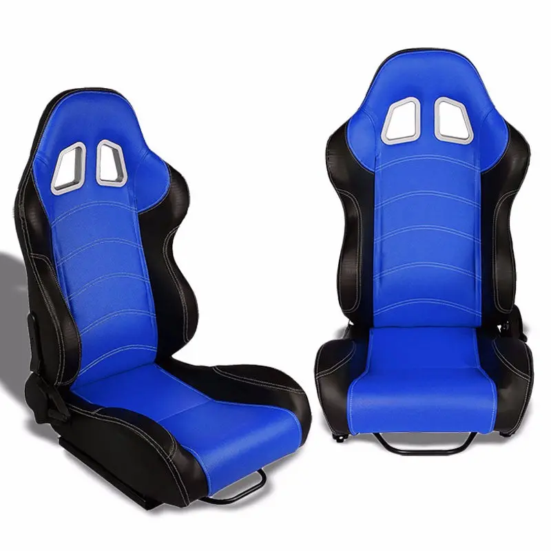 Pair Blue/Black Side Reclinable Pvc Leather Type-R Sport Racing Seats W/Sliders 1