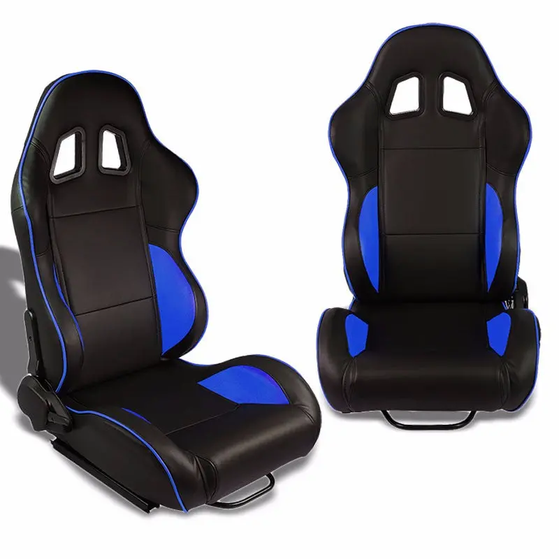 Pair Black/Blue Piping Reclinable Pvc Leather Type-R Sport Racing Seats W/Sliders 1