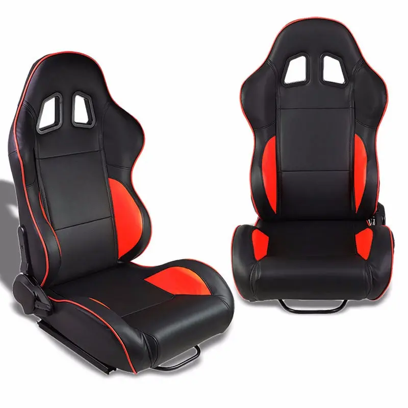 Pair Black/Red Piping Reclinable Pvc Leather Type-R Sport Racing Seats W/Sliders 1