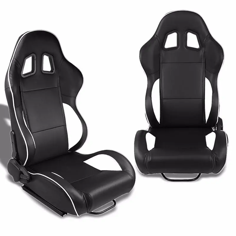 Pair Black/White Piping Reclinable Pvc Leather Type-R Sport Racing Seats+Sliders 1