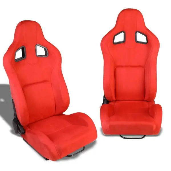 Pair All Red Reclinable Faux Suede Type-R Style Sport Racing Seats W/Sliders 1