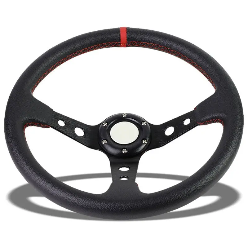Black Leather/Round Holes Spoke 350Mm 3.00" Deep Dish Steering Wheel+Horn Button 1