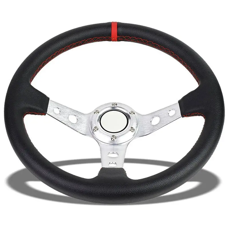 Black Leather/Silver Round Hole 350Mm 3.00" Deep Dish Steering Wheel+Horn Button 1
