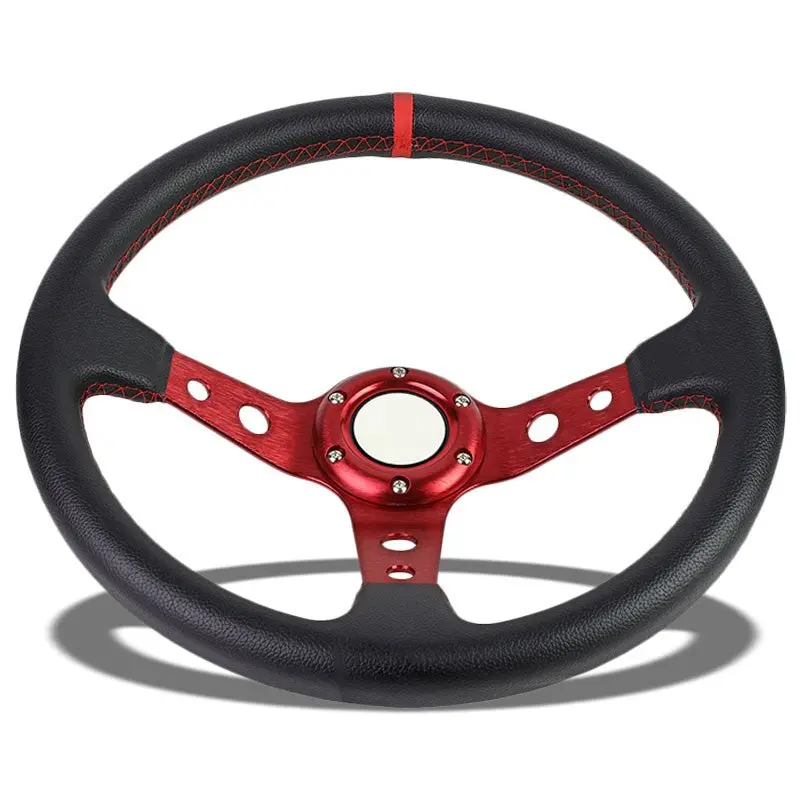 Black Leather/Red Round Holes 350Mm 3.00" Deep Dish Steering Wheel+Horn Button 1