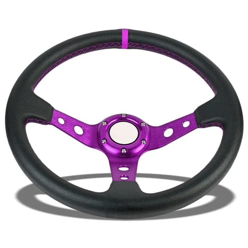 Black Leather/Purple Round Hole 350Mm 3.00" Deep Dish Steering Wheel+Horn Button 1