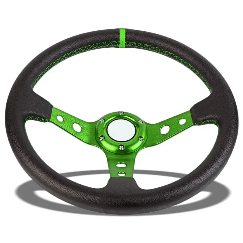 Black Leather/Green Round Holes 350Mm 3.00" Deep Dish Steering Wheel+Horn Button 1