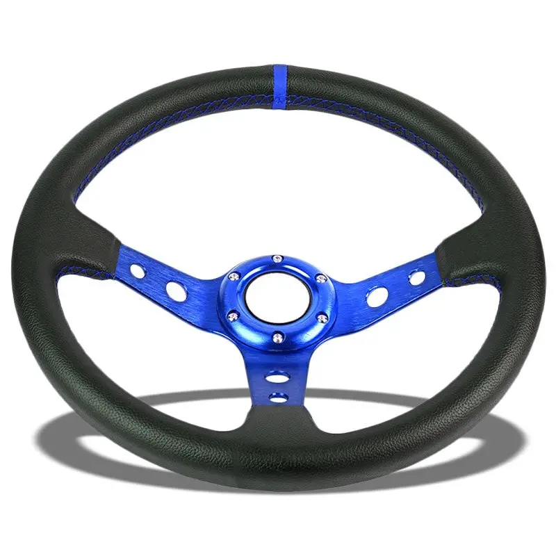 Black Leather/Blue Round Holes 350Mm 3.00" Deep Dish Steering Wheel+Horn Button 1