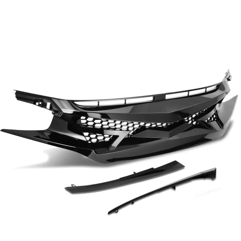 Glossy Black Battle Style (Honeycomb Mesh) Front Grille For 16-18 Honda Civic Coupe/Sedan/Hatchback 1